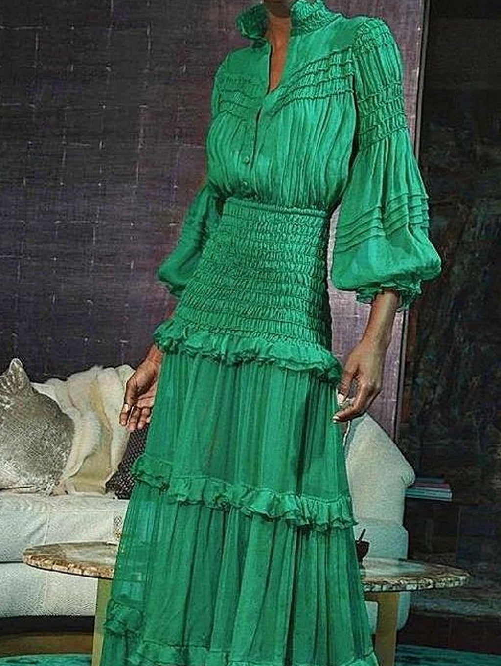 Stand Collar Lantern Sleeve Ruffle Tiered Maxi Dress