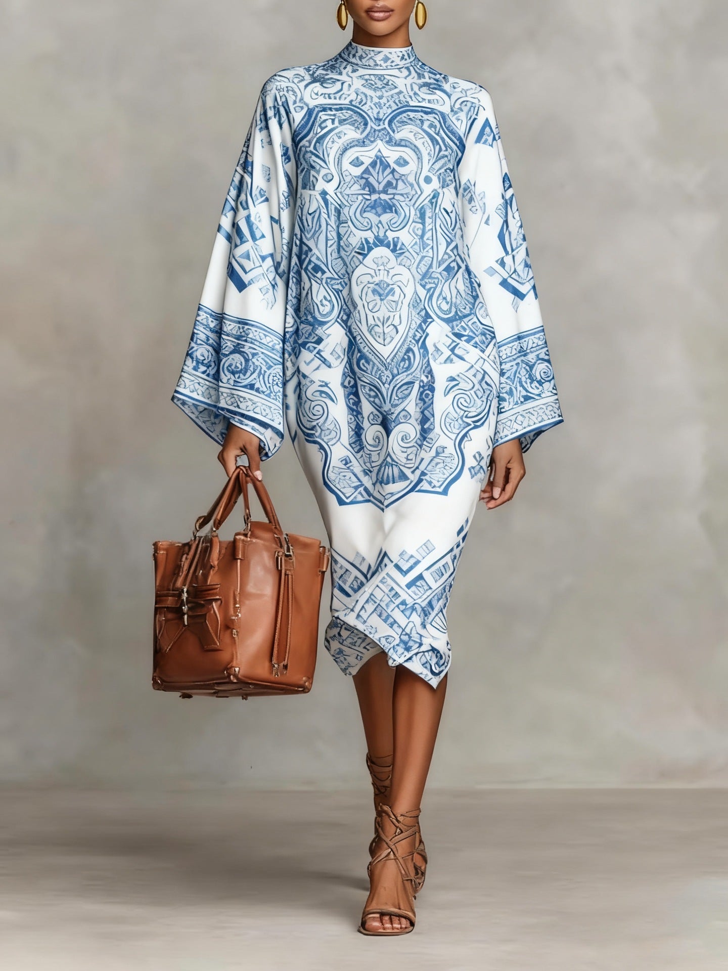 Daily Pink Paisley Mock Neck Long Sleeve Boho Midi Dresses