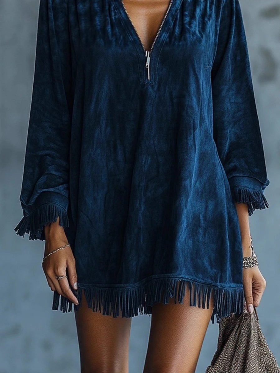 Daily Navy Blue Hooded Long Sleeve Strappy Vintage Zipper Mini Dresses