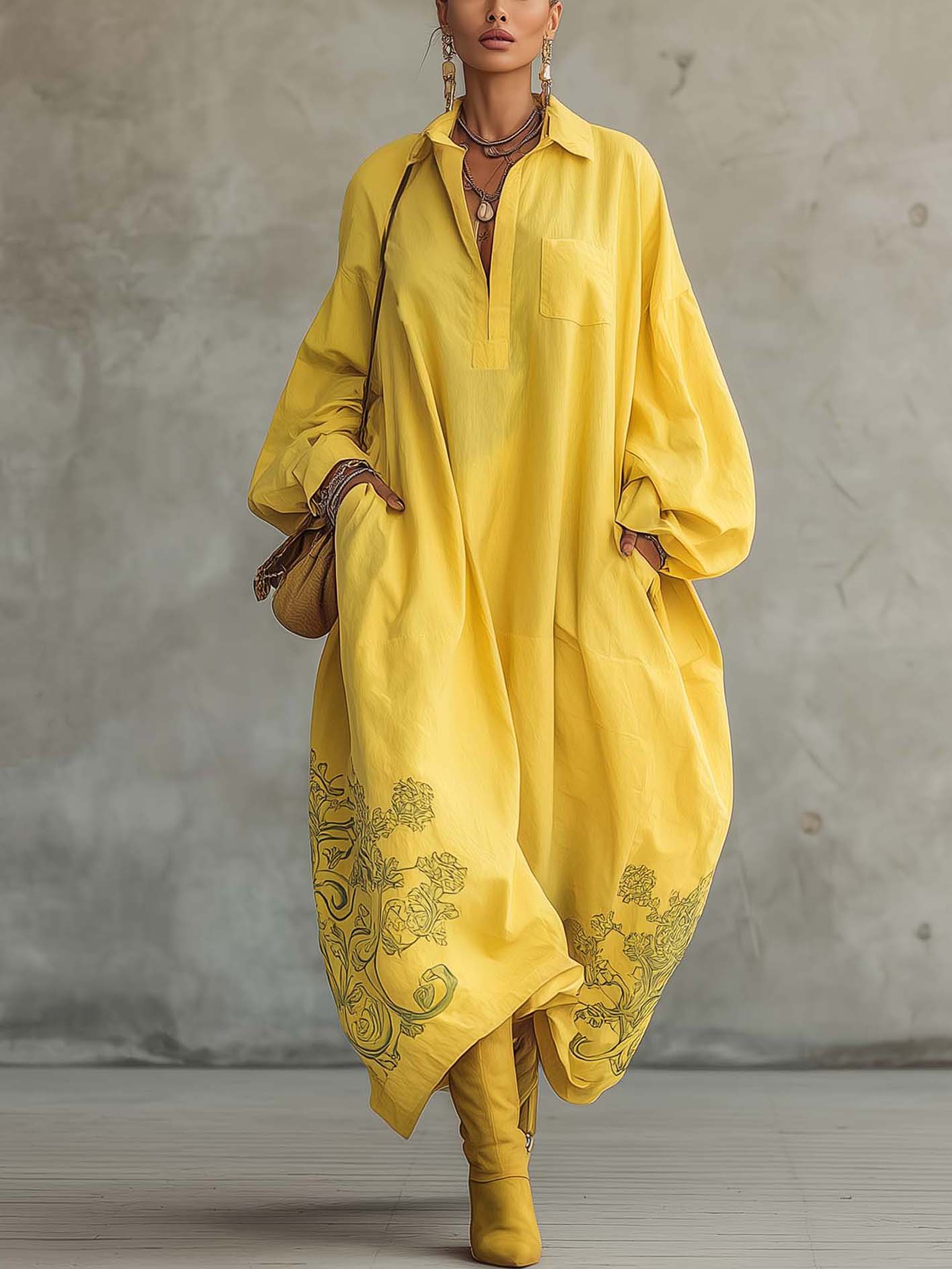 Yellow Cotton Linen Maxi Shirt Dress With Vintage Embroidery