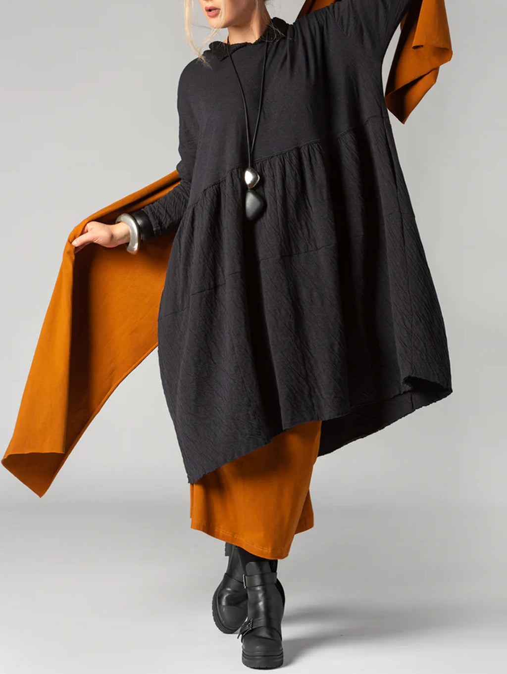 Casual Textured Plain Doll Collar Long Sleeve Midi Dress