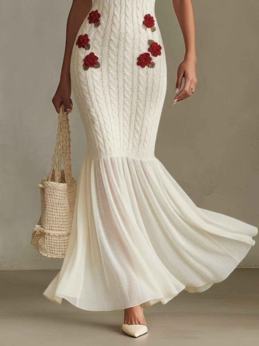 Ivory White Knitted Embroidered Dress With Chiffon Skirt