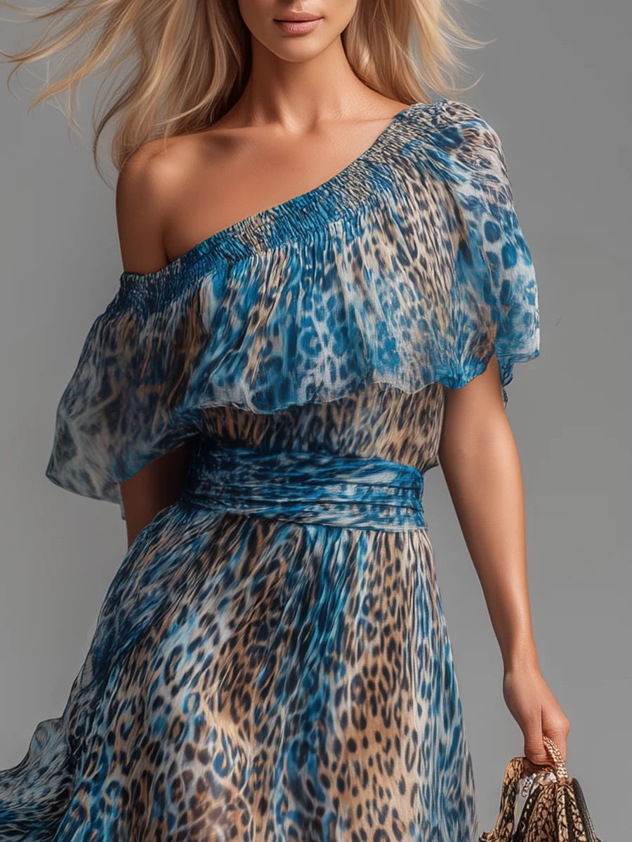 sheenchic Vacation Light Blue Leopard Oblique Collar Short Sleeve Ruffle Boho Chiffon Maxi Dresses [Pre-Order]