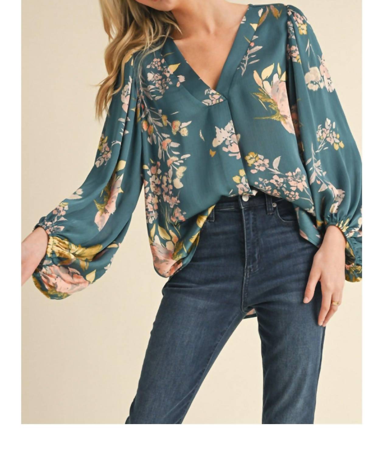 Jodifl - Satin Floral Print Blouse With Bubble Sleeves