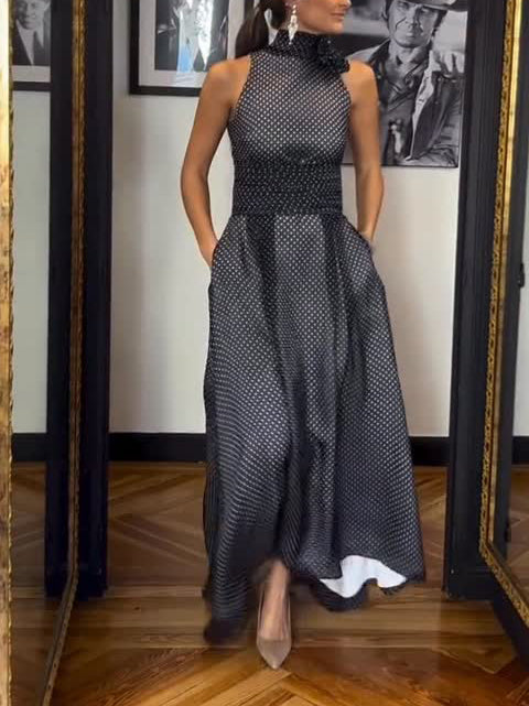 Elegant Halterneck Polka Dot Print Maxi Dress