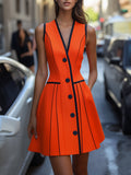 Vibrant Orange Button-Front A-Line Dress
