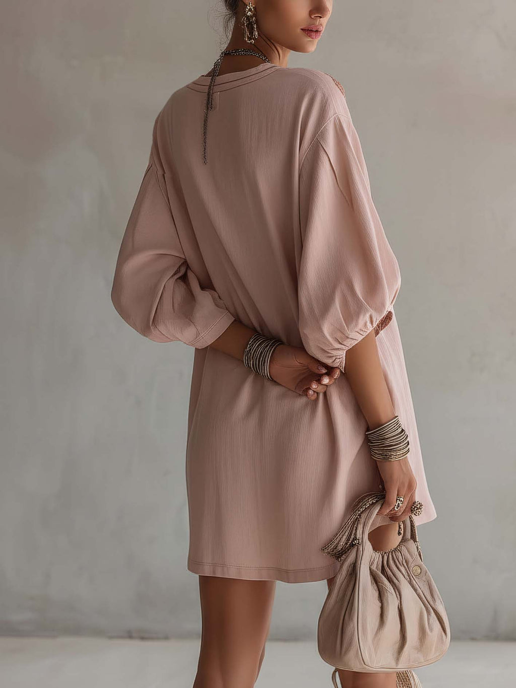 Pink Cotton Linen Mini Dress With Vintage Floral Embroidery