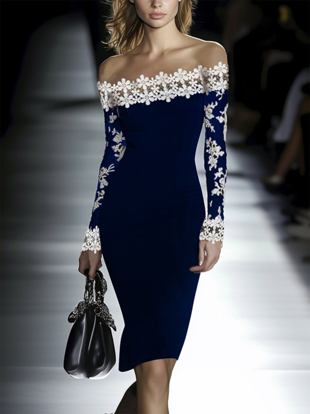 24-Hour-Shipping Lace Neckline Hip Dress
