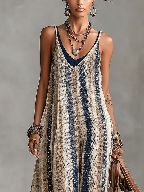 Camel And Navy Striped Knit Maxi Dress With Tank Dress