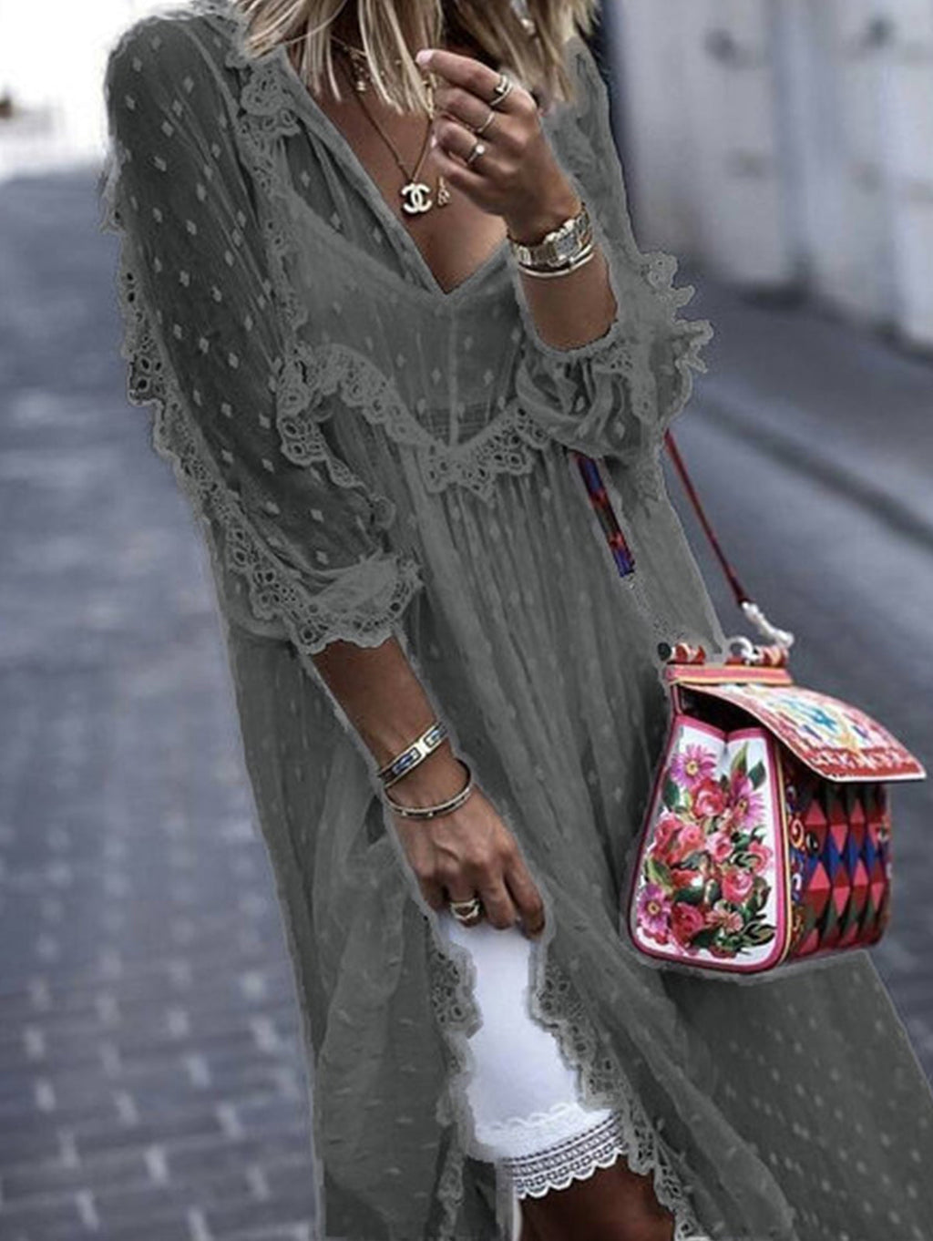 Polka Dot Jacquard See-through V Neck Maxi Dress