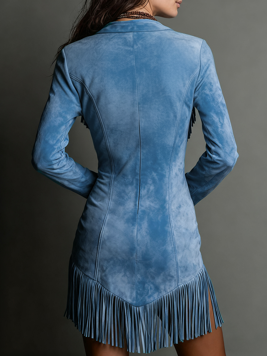 sheenchic Daily Blue V Neck Long Sleeve Strappy Western Embroidery Chamois Mini Dresses