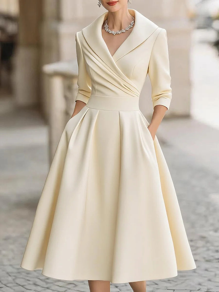 Business Casual Black Cascade Front Long Sleeve Ruffled Elegant Satin Midi Dresses