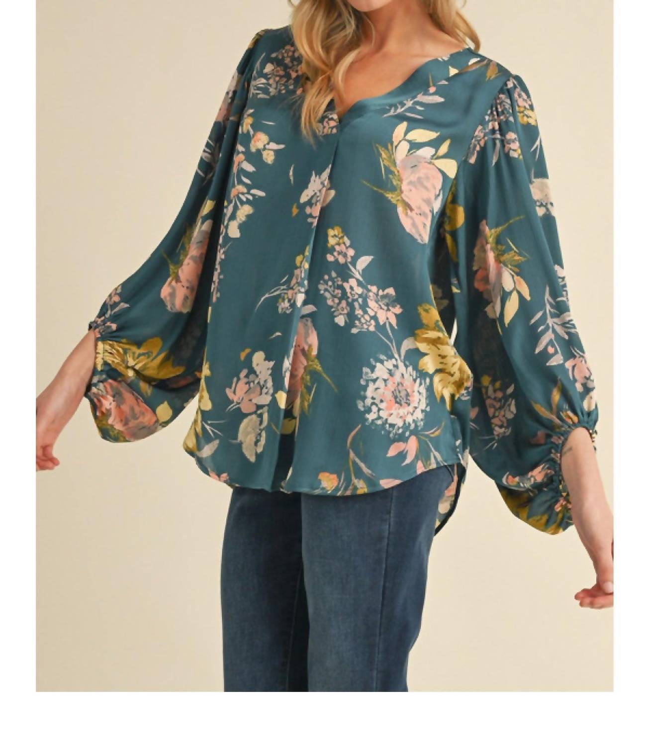 Jodifl - Satin Floral Print Blouse With Bubble Sleeves