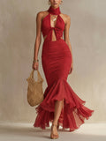 Red Chiffon Pleated Cutout  Bodycon Dress