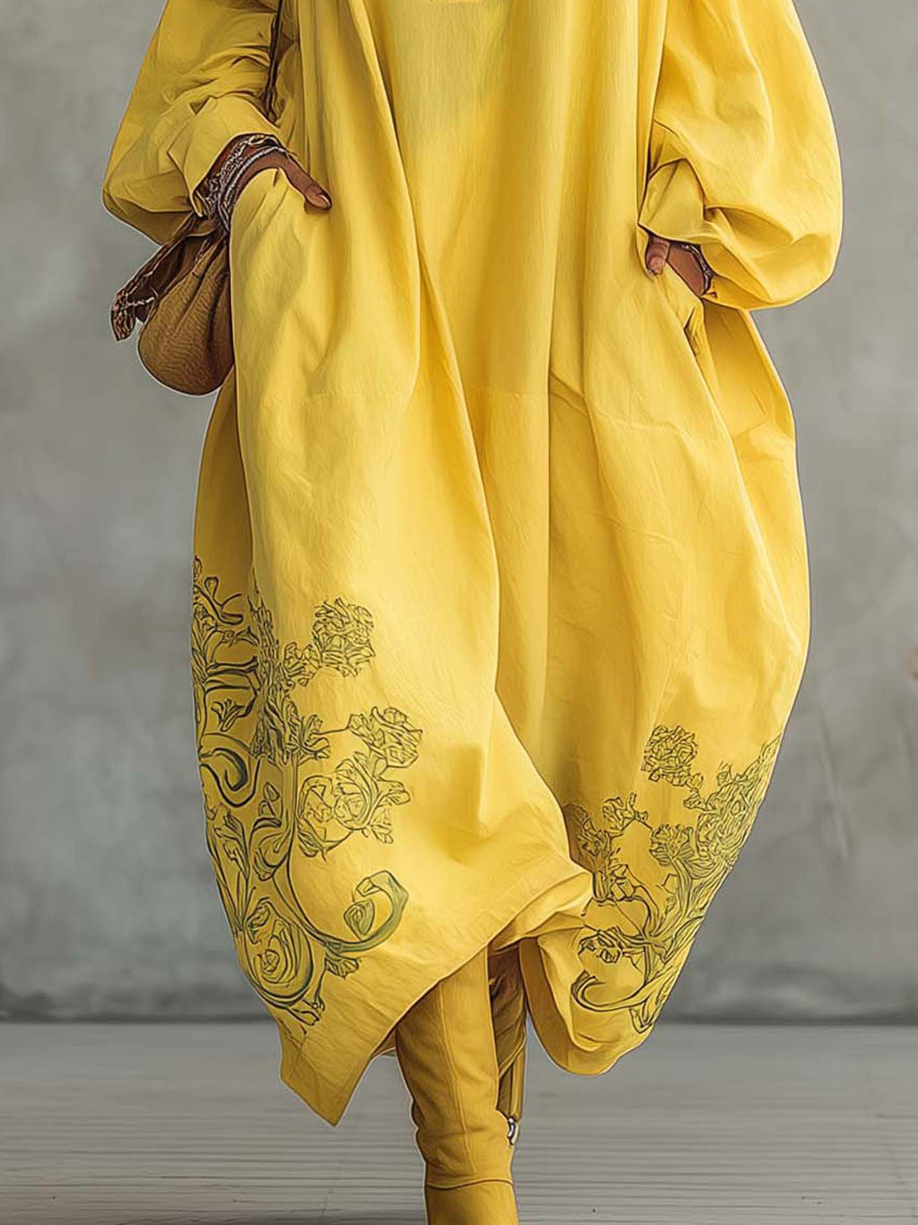 Yellow Cotton Linen Maxi Shirt Dress With Vintage Embroidery