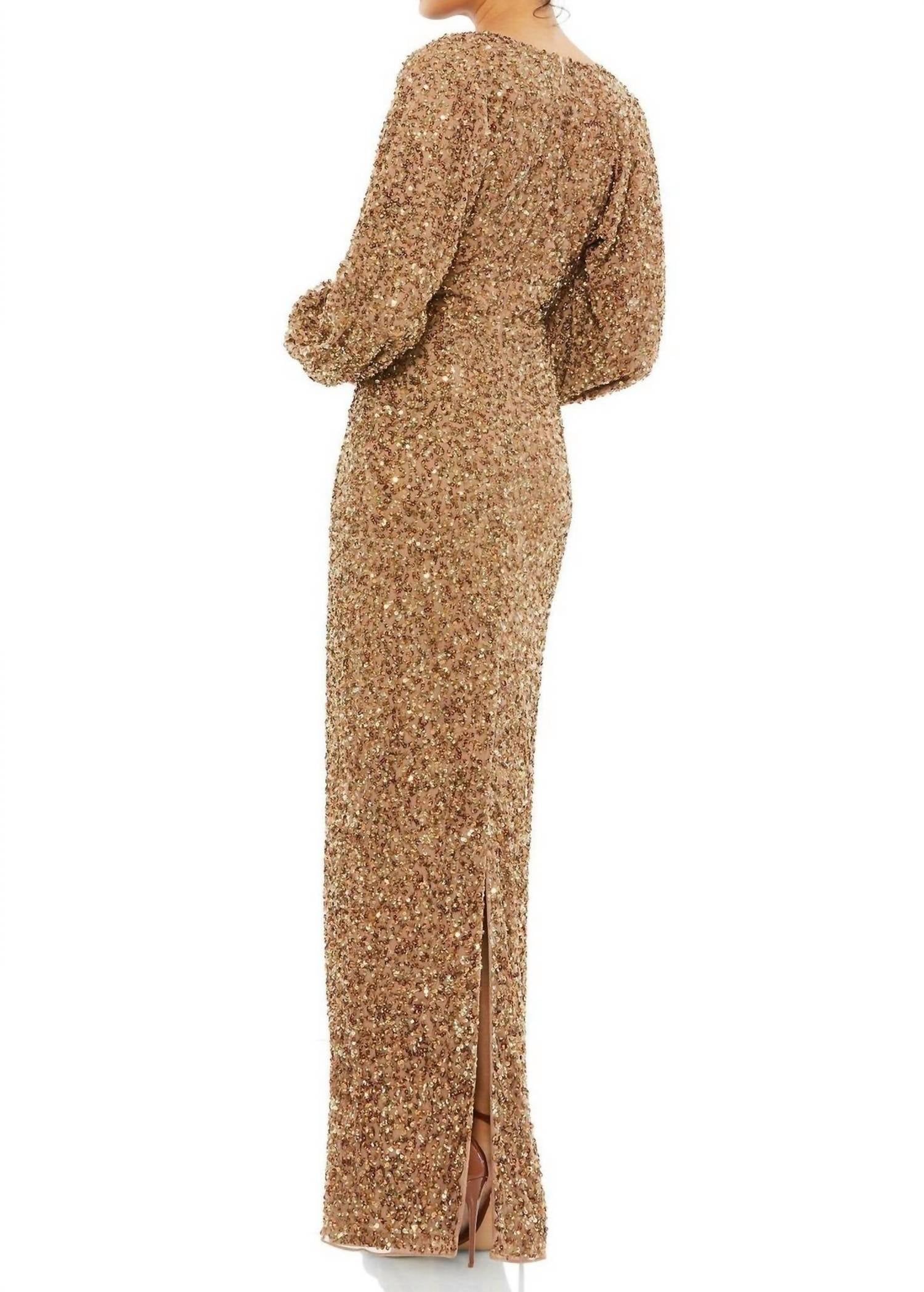 Mac Duggal - Sequined Puff Sleeve V-neck Gown