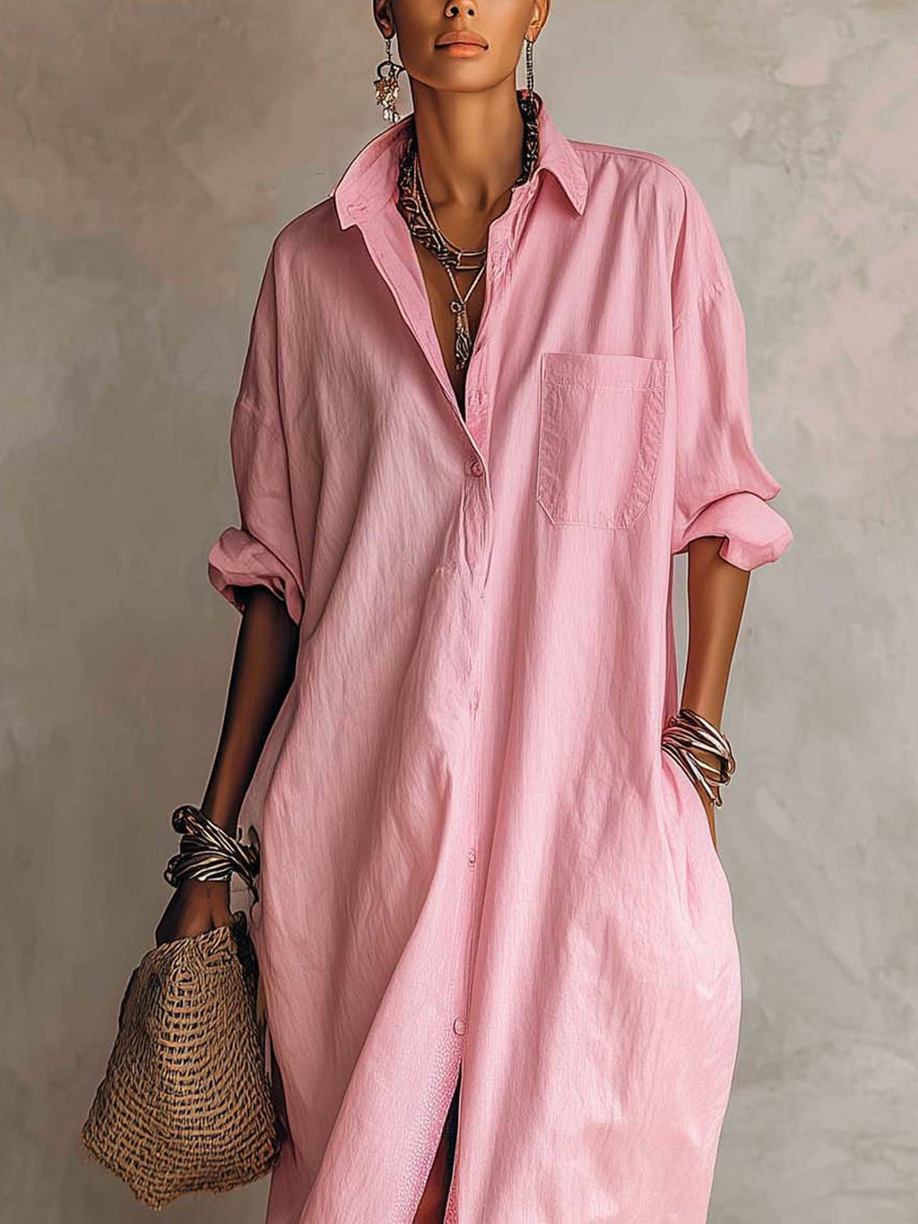 Pink Cotton Linen Casual Maxi Shirt Dress