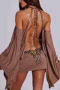 Alula Chain Sequin Embroidered Butterfly Kimono Slit Sleeve Backless Mini Dress