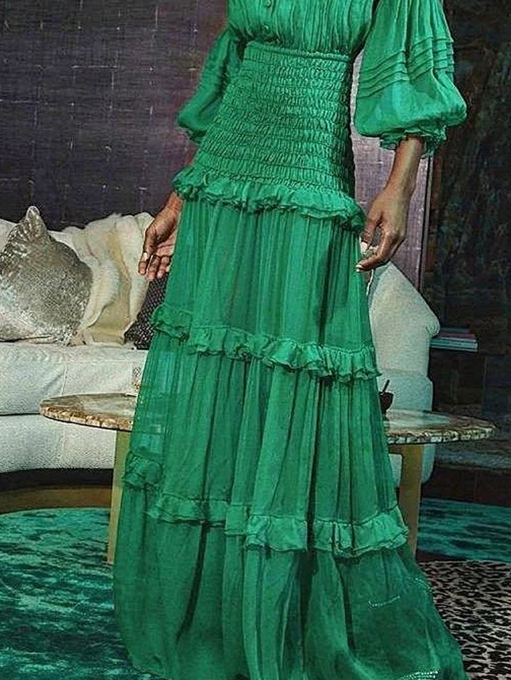 Stand Collar Lantern Sleeve Ruffle Tiered Maxi Dress