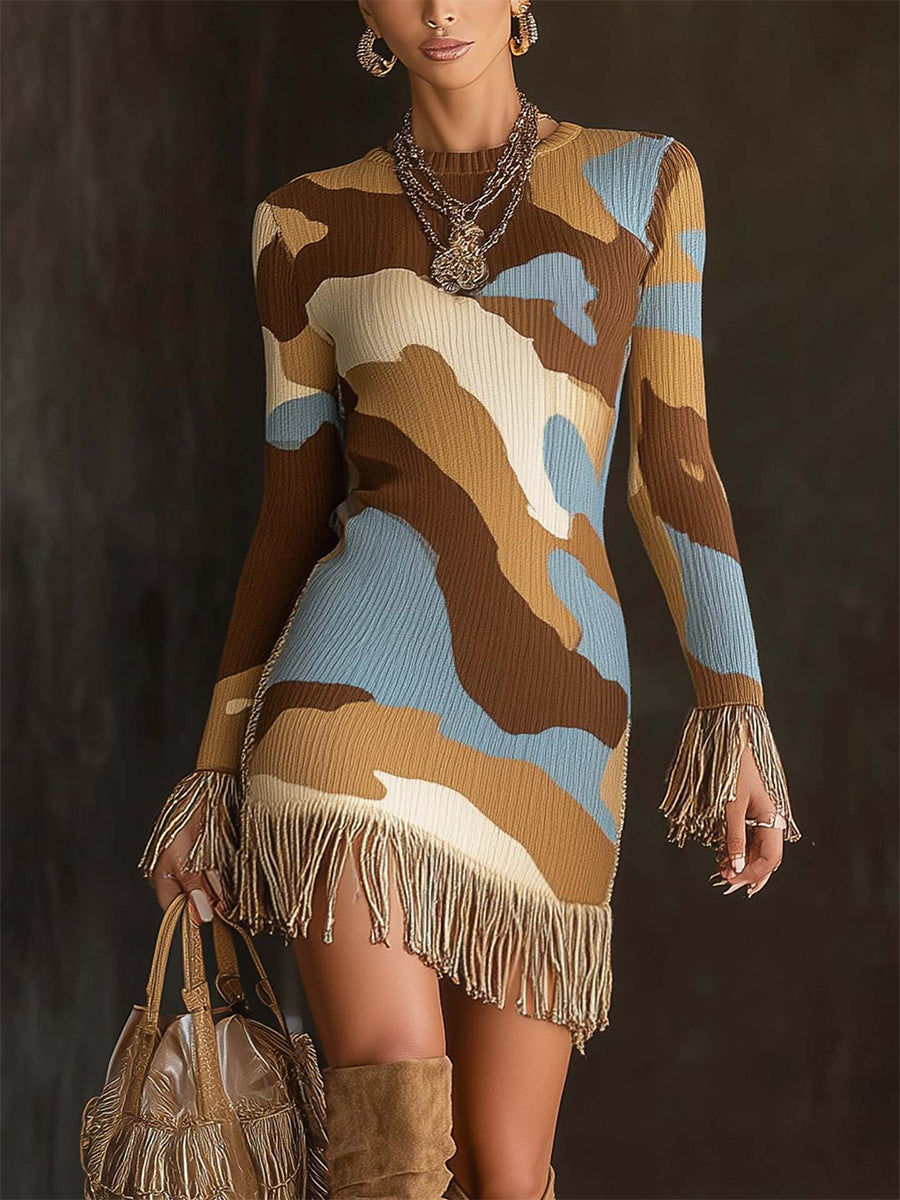 Daily Multicolor All Over Print Round Neck Long Sleeve Strappy Vintage Contrast Mini Dresses