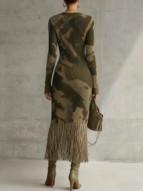 Casual Army Green Camouflage Knit V Neck Long Sleeve Fringe Hem Midi Dress