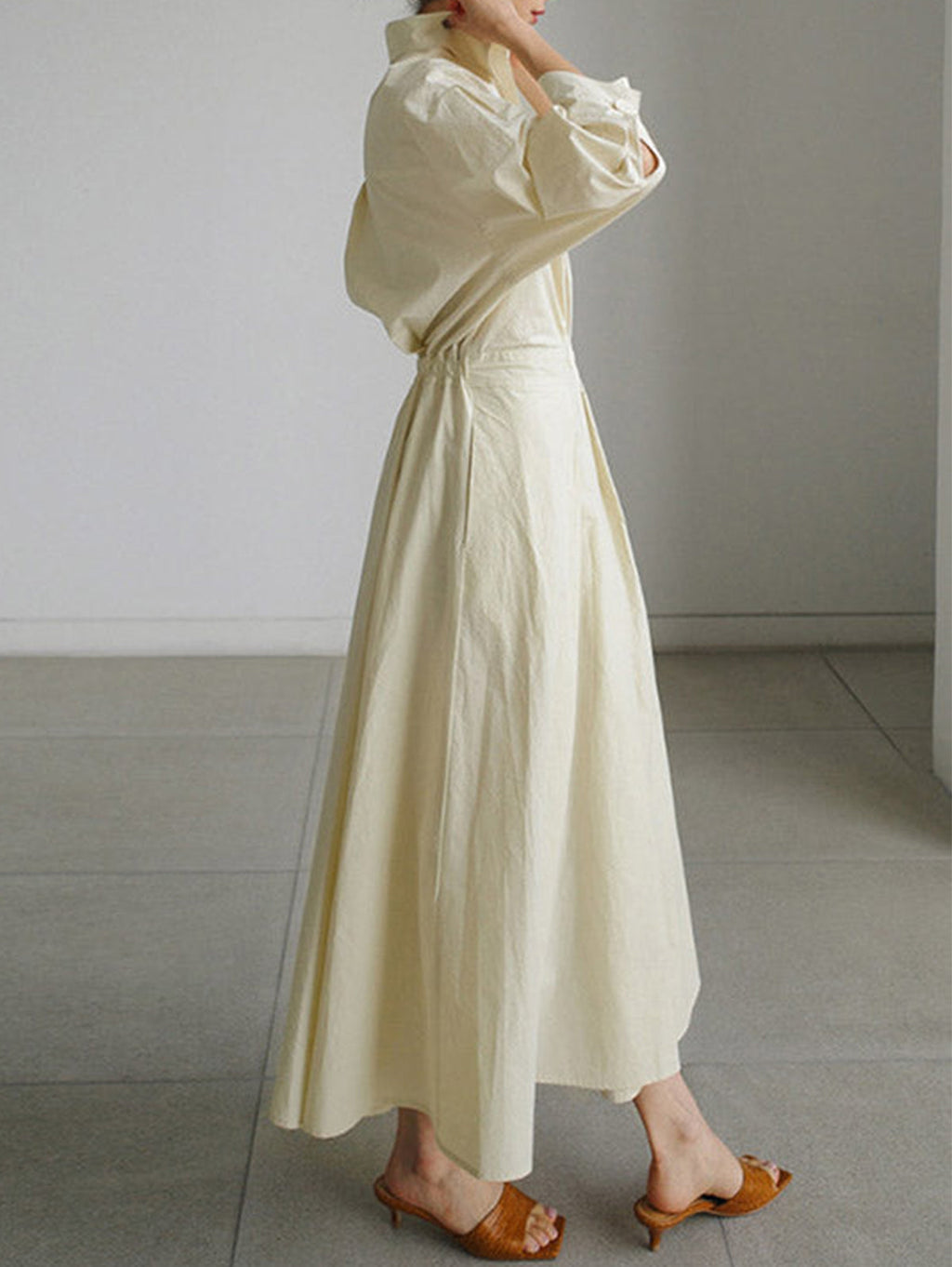 Elegant Pocket Button Lapel Collar Fold Solid Midi Dress