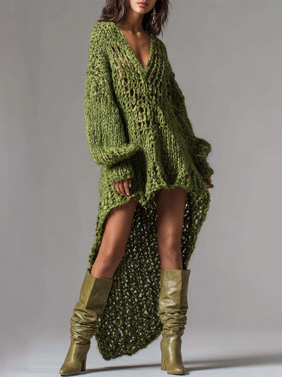 sheenchic Party Army Green V Neck Long Sleeve Asymmetric Hem Western Rib Knit Mini Dresses