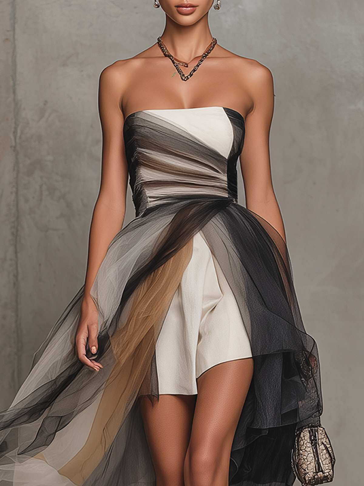 Strapless Layered Tulle Dress With Gradient Draping And Structured Mini Base