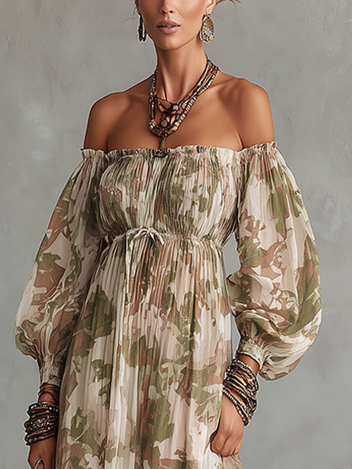 Camouflage Print Off-Shoulder Chiffon Maxi Dress With Lace Hem