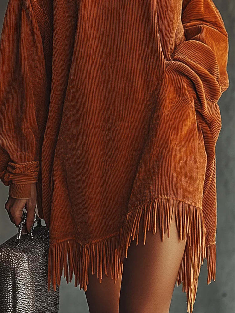 Daily Orange High Collar Lantern Sleeve Long Sleeve Strappy Vintage Contrast Corduroy Mini Dresses