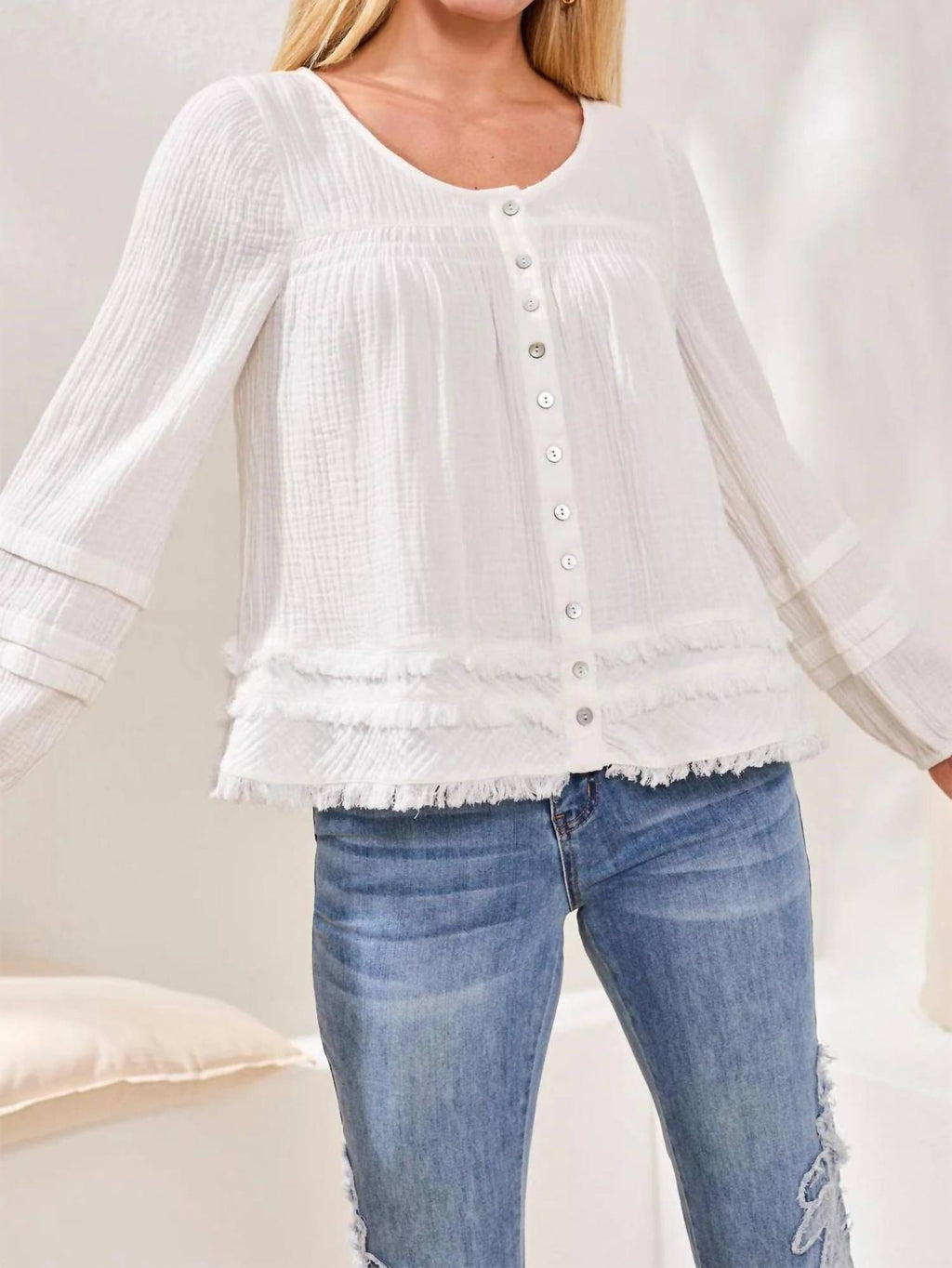 Tribal - Cotton Gauze Balloon Sleeve Boho Blouse