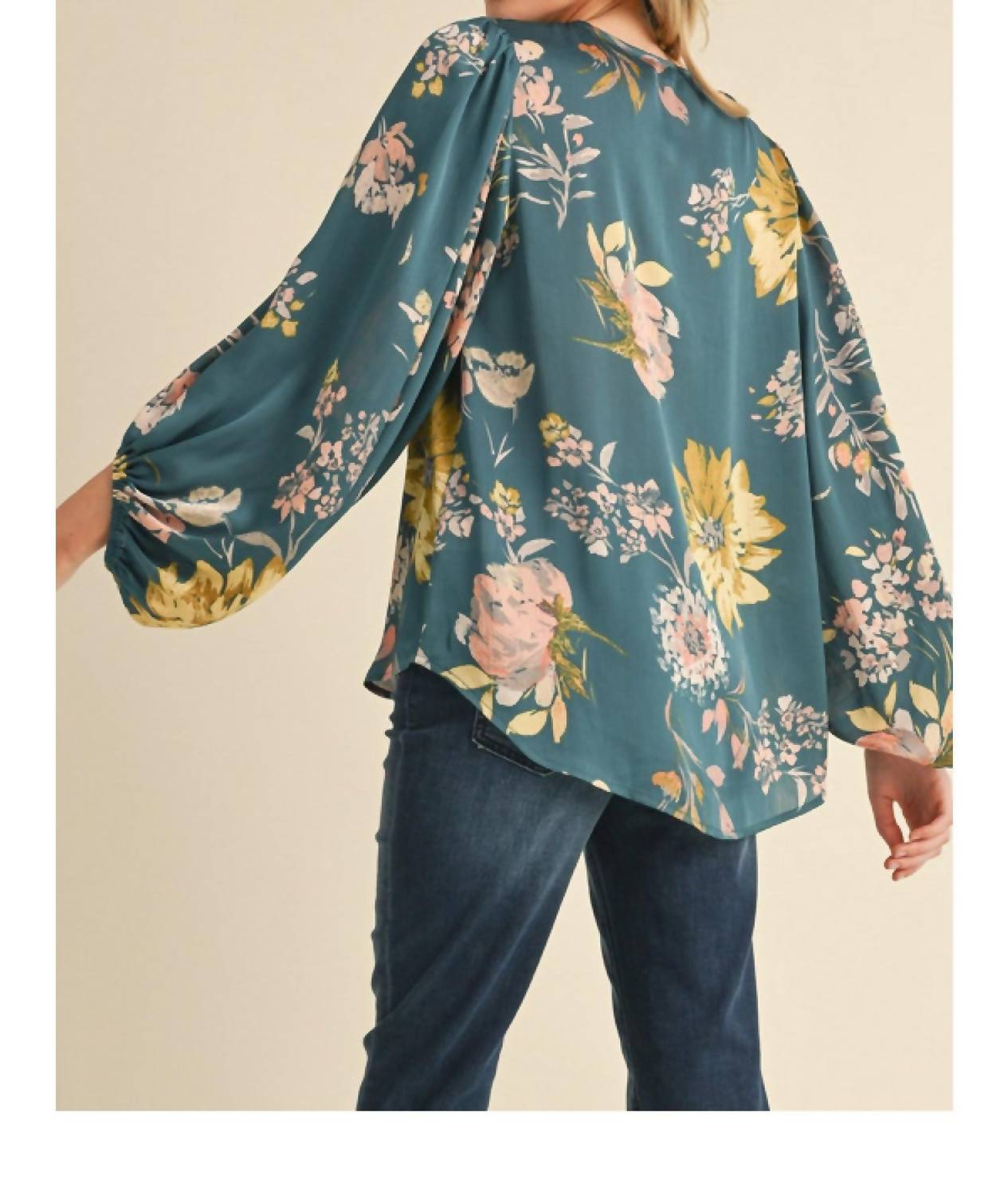 Jodifl - Satin Floral Print Blouse With Bubble Sleeves