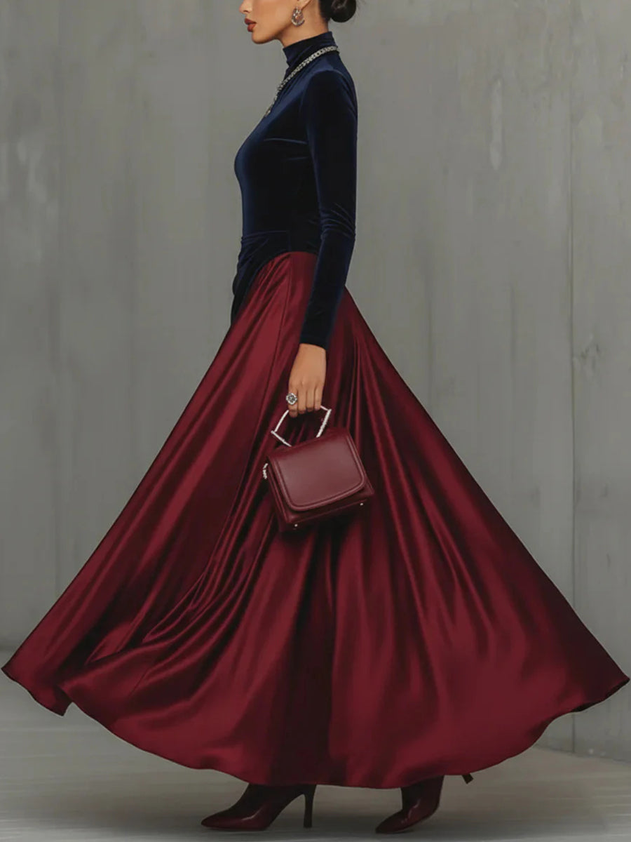 Party Red Colorblock High Collar Long Sleeve Contrast Vintage Velvet Maxi Dresses