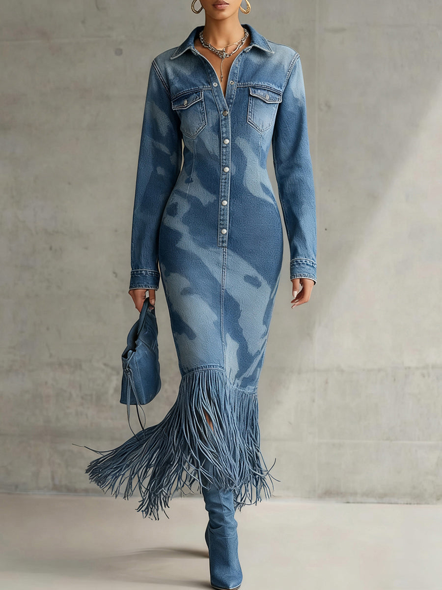 sheenchic Party Blue Camo Shirt Collar Long Sleeve Strappy Vintage Pocket Midi Dresses