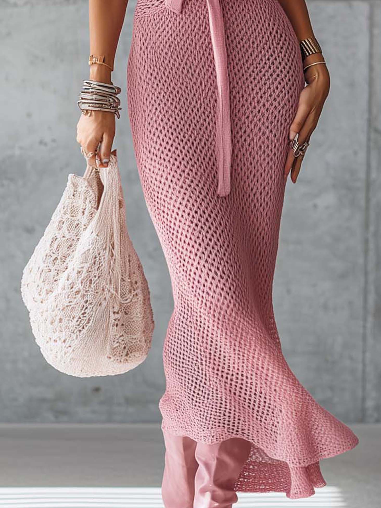 Pink Textured Knit Cutout Bodycon Dress
