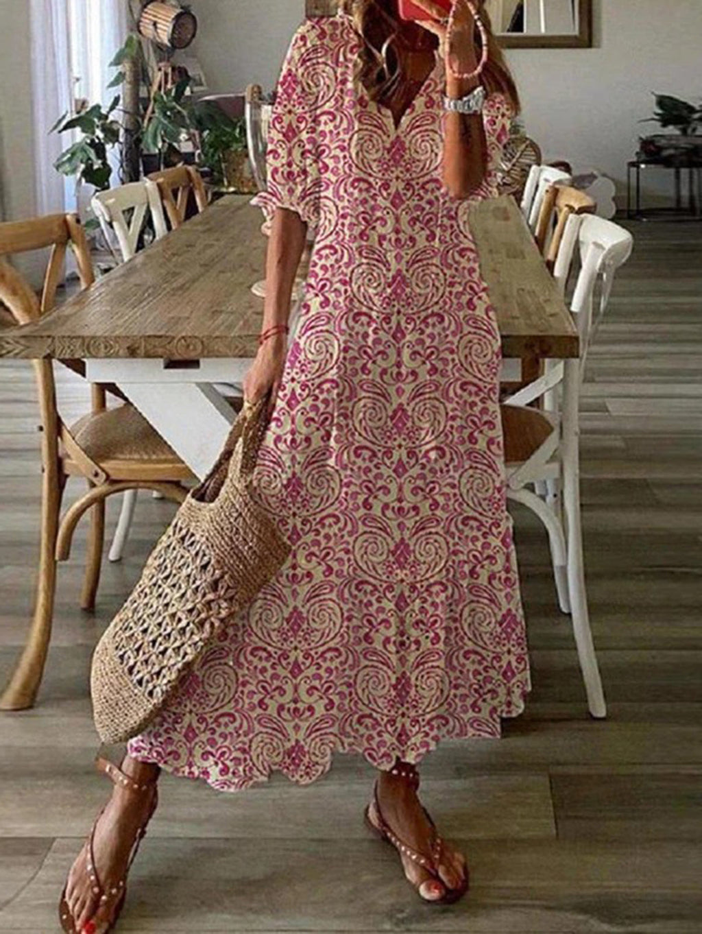 Retro Half Sleeve Casual V Neck Midi Dress