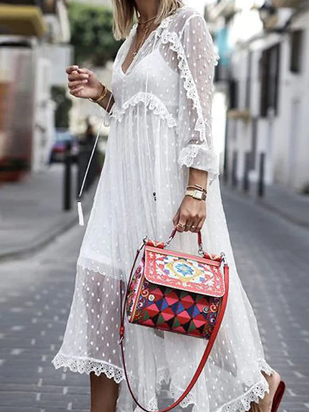 Polka Dot Jacquard See-through V Neck Maxi Dress