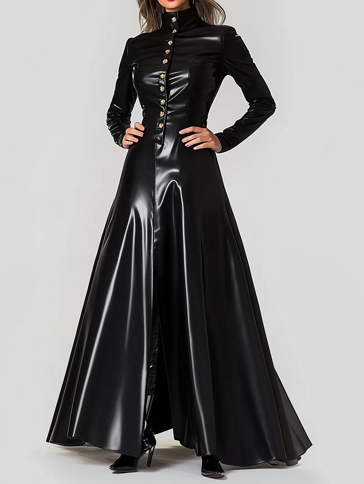 sheenchic PU Leather High Neck Button Up Maxi Dress