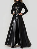 sheenchic PU Leather High Neck Button Up Maxi Dress