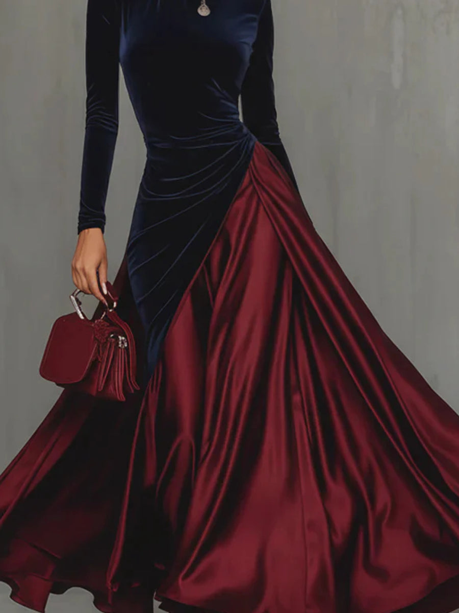 Party Red Colorblock High Collar Long Sleeve Contrast Vintage Velvet Maxi Dresses