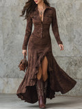 Party Brown Shirt Collar Long Sleeve Asymmetric Hem Western Mermaid Chamois Maxi Dresses