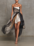 Strapless Layered Tulle Dress With Gradient Draping And Structured Mini Base