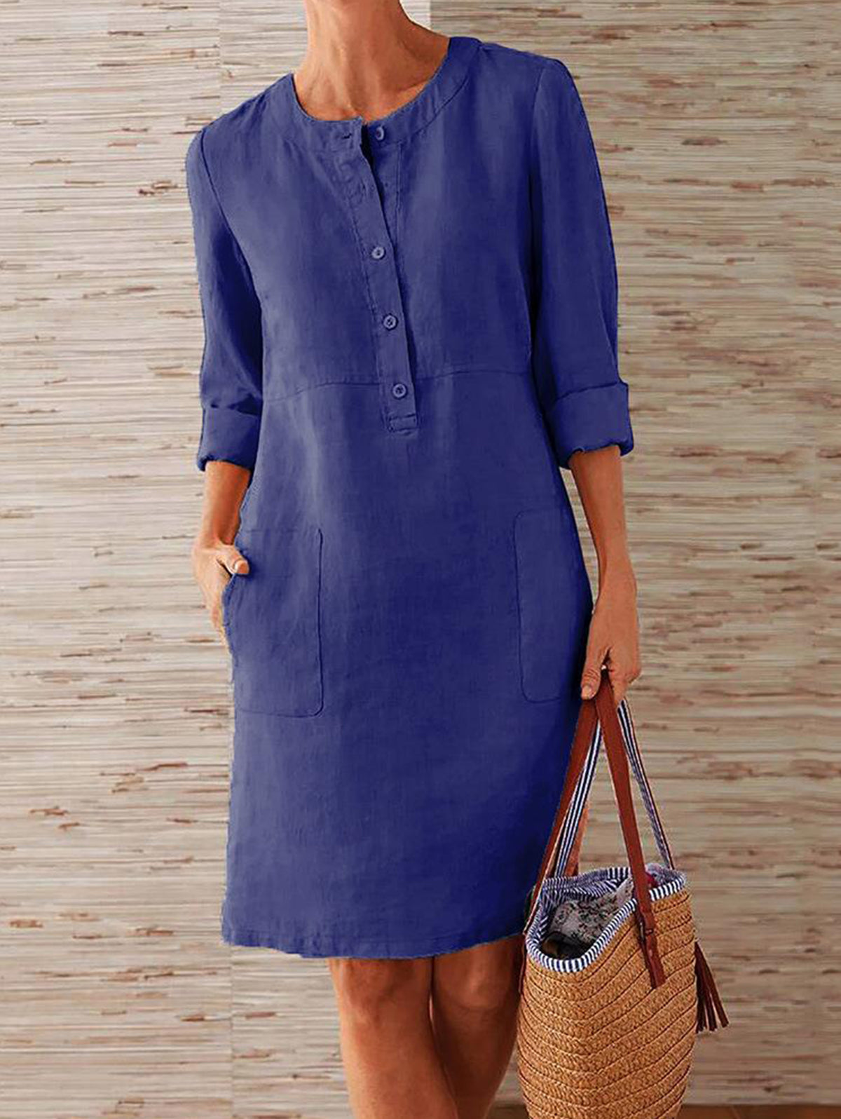 Daily Solid Half Button Long Sleeve Pocket Midi Dress