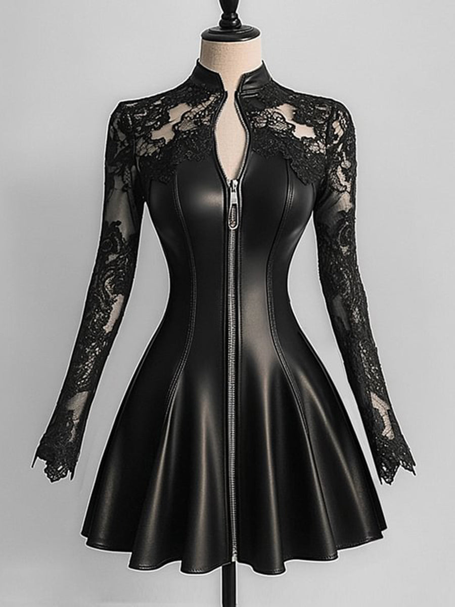sheenchic PU Leather Lace Long Sleeve Zipper Mini Dress