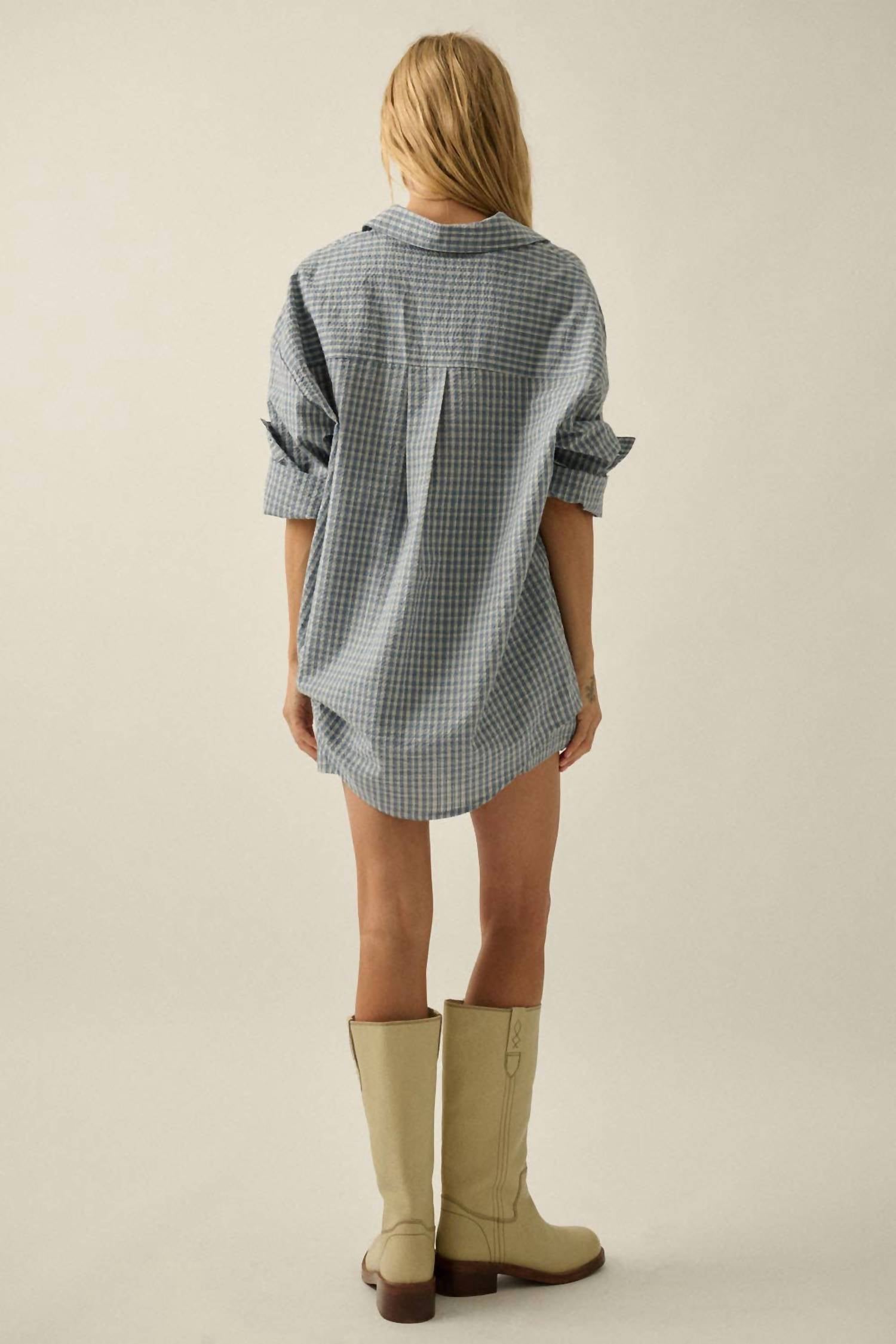 Promesa - Plaid Textured Seersucker Oversize Button-up Pocket Shirt