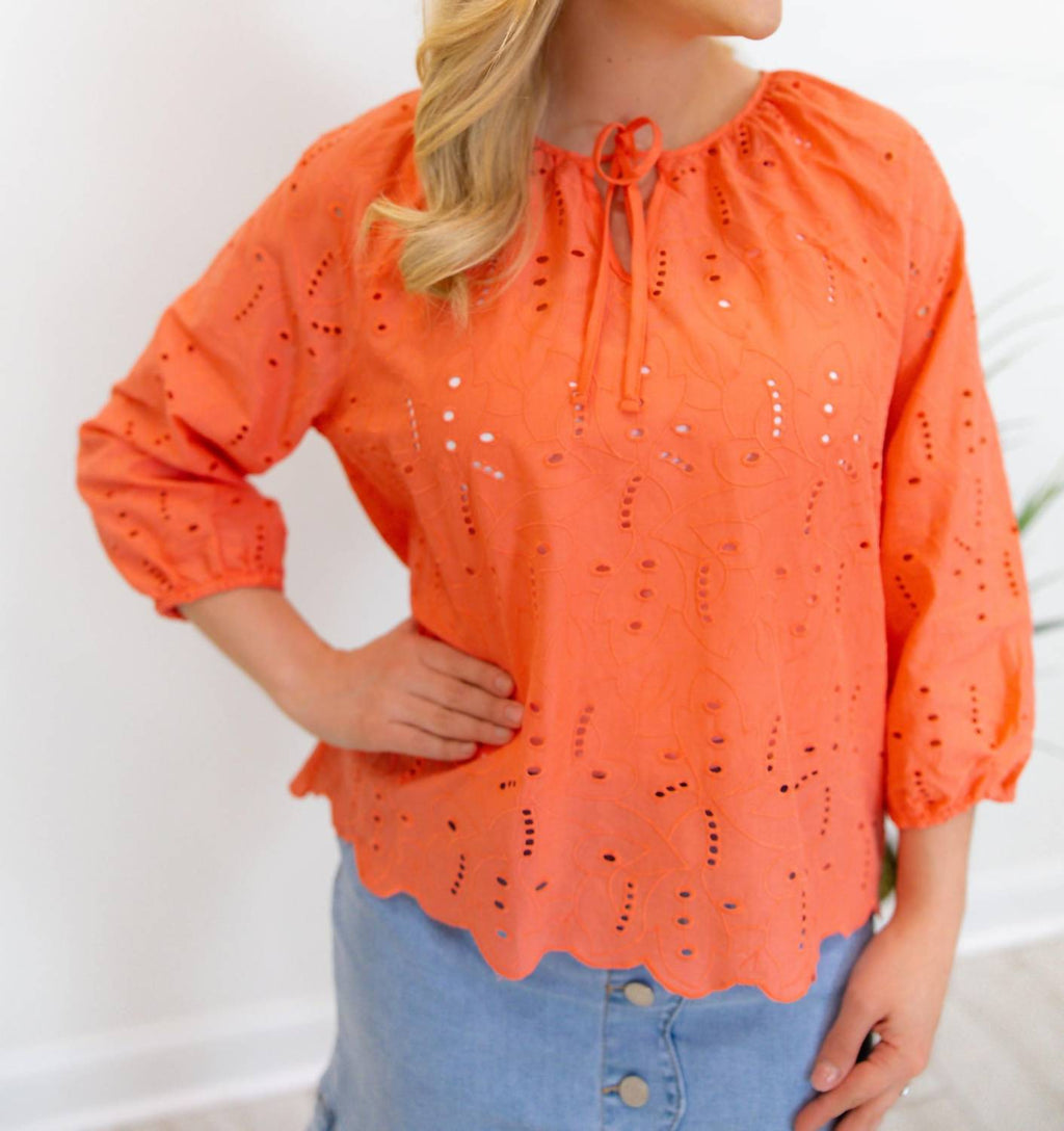 Charlie B - 3/4 Raglan Sleeve Blouse With Ties At Notch Neckline