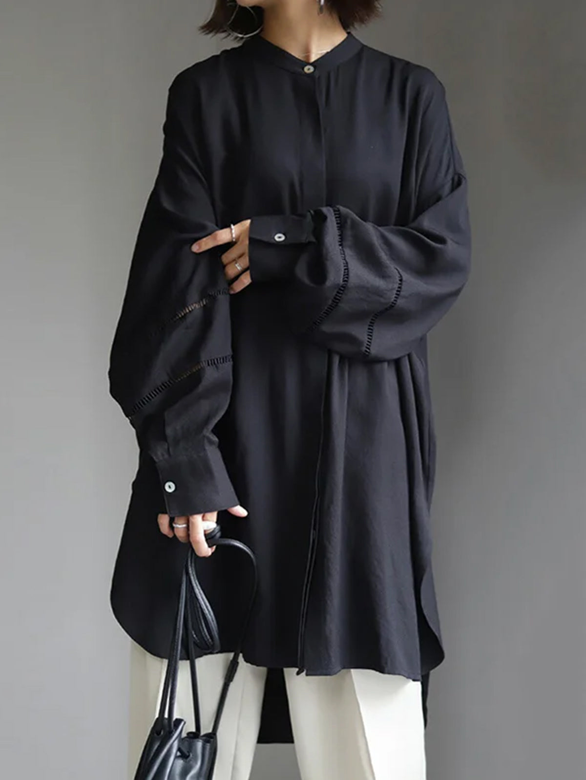Mock Neck Lantern Sleeve Split Hem Shirt Dress