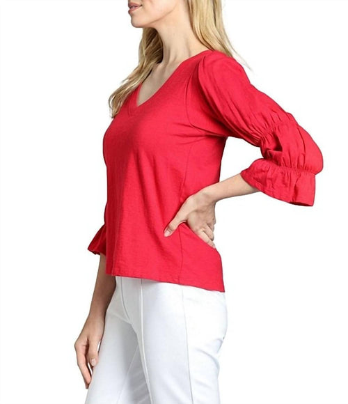 Apny - Knit V-neck 3/4 Puff Sleeve Blouse