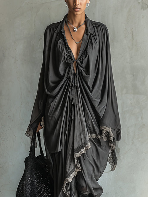 Black Draped Lace Trimmed Tie Waist Maxi Dress