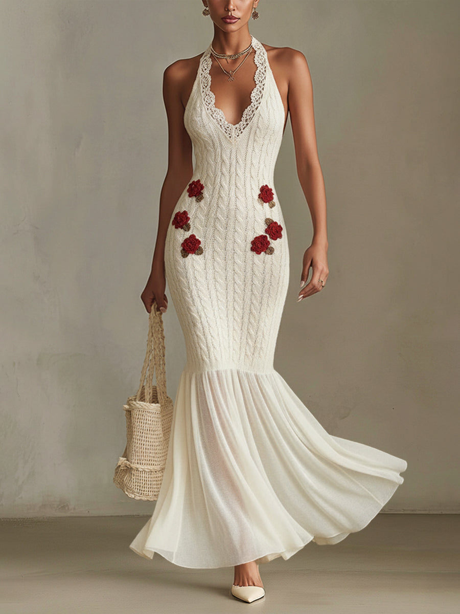 Ivory White Knitted Embroidered Dress With Chiffon Skirt